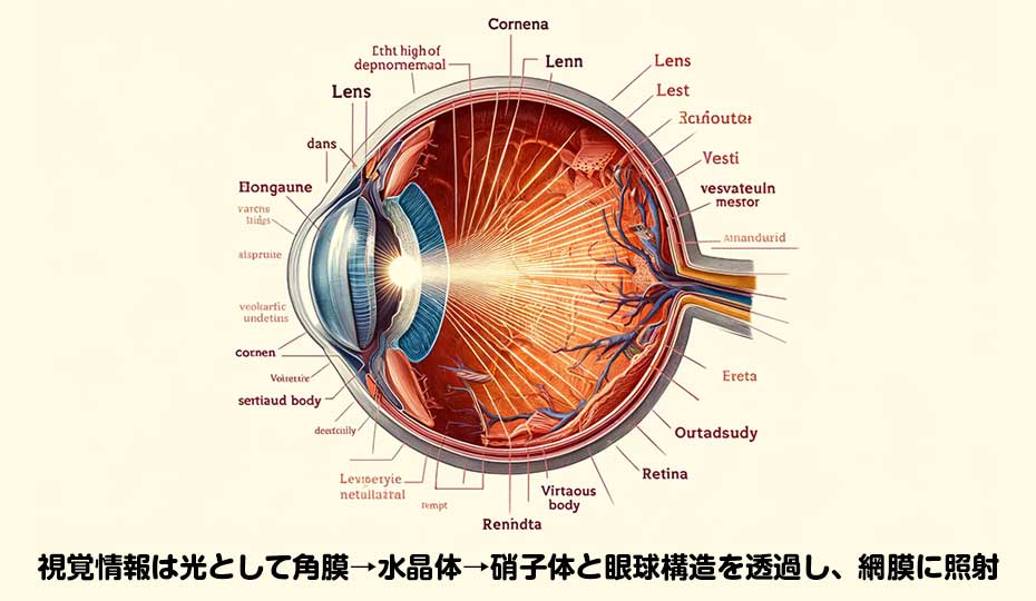 視覚情報は光として角膜→水晶体→硝子体と眼球構造を透過し、網膜に照射