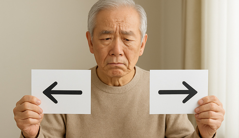 右と左と書かれた紙を持つ老人