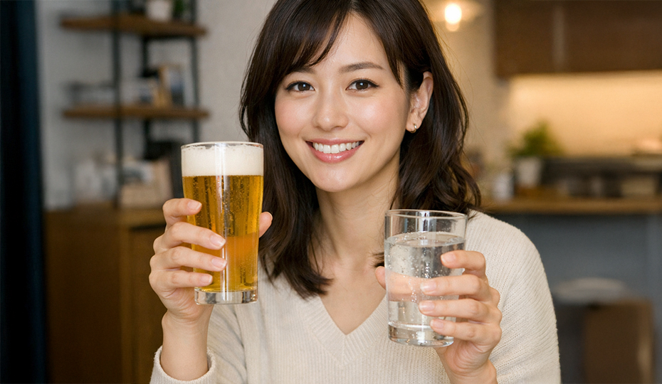 ビールグラスと水を両方持つ女性