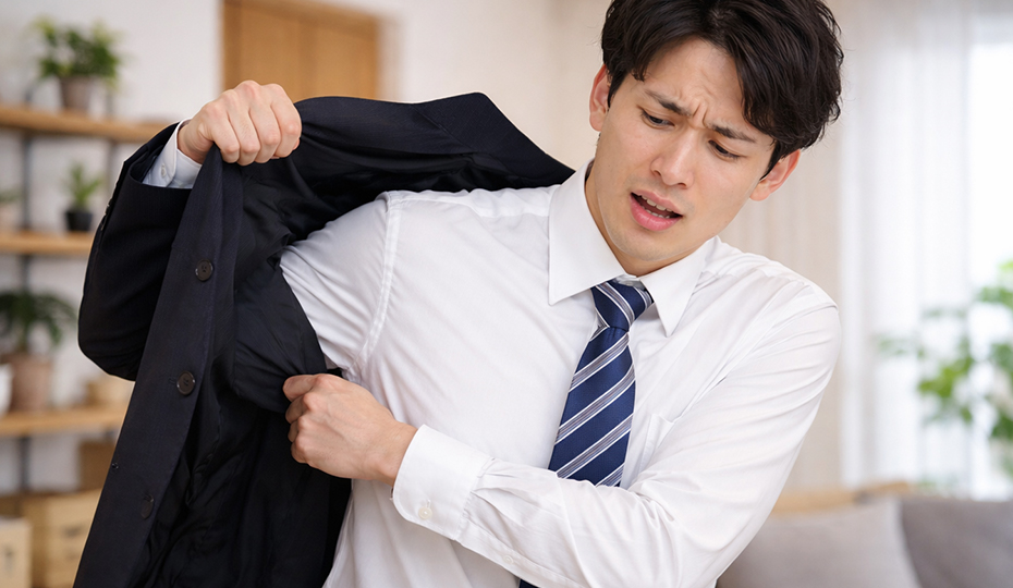 服を着るのに手間取っている男性