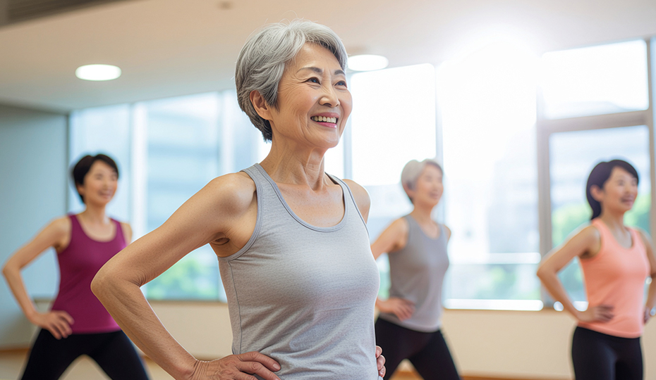 笑顔で運動する老婦人の画像