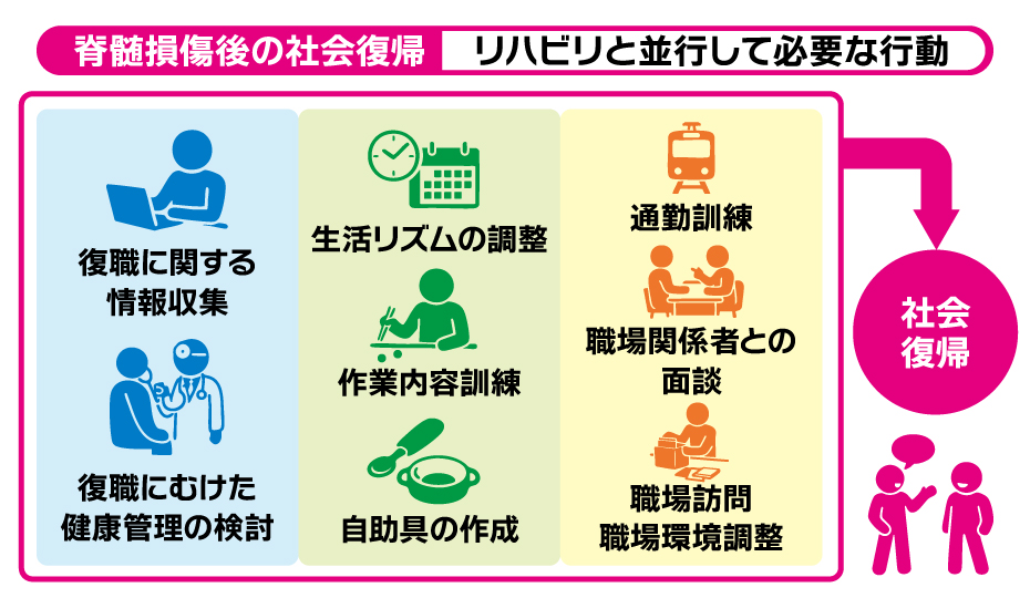 脊髄損傷後に社会復帰するための健康管理や作業訓練や職場に関する体系図