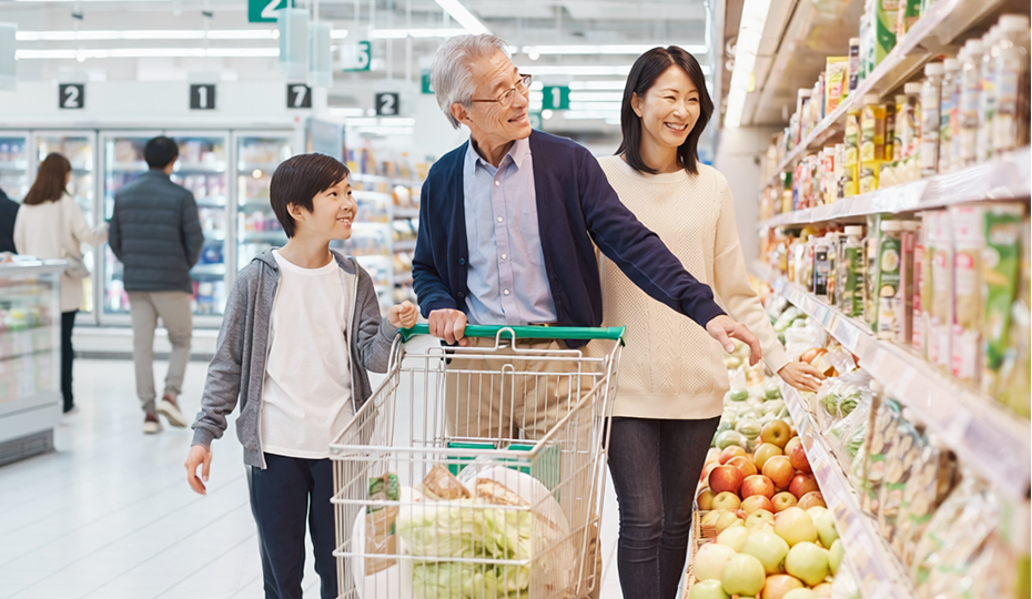 笑顔で買い物をする老人とその家族