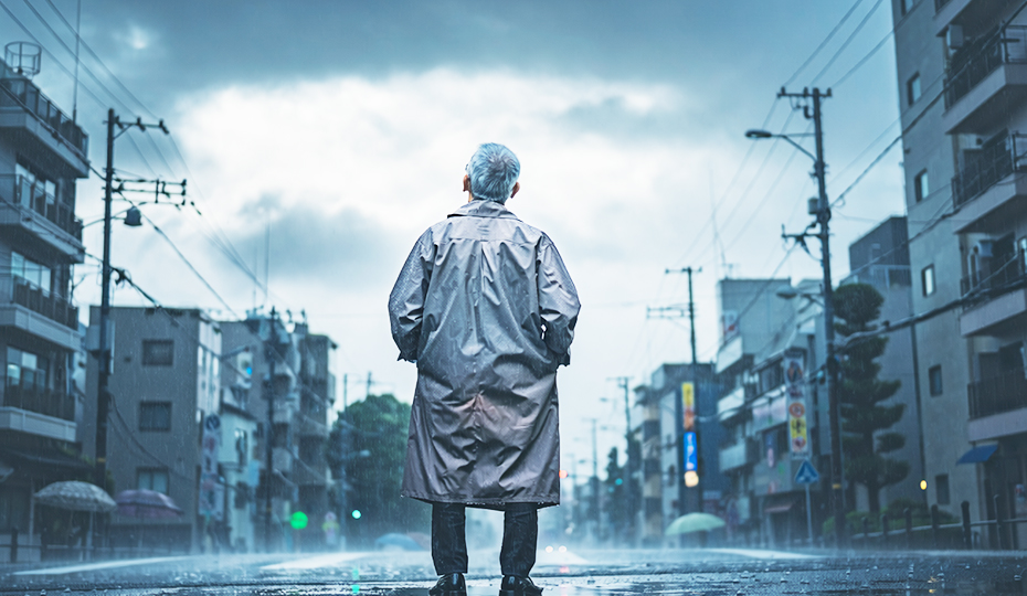 天気の悪い空を見上げている男性