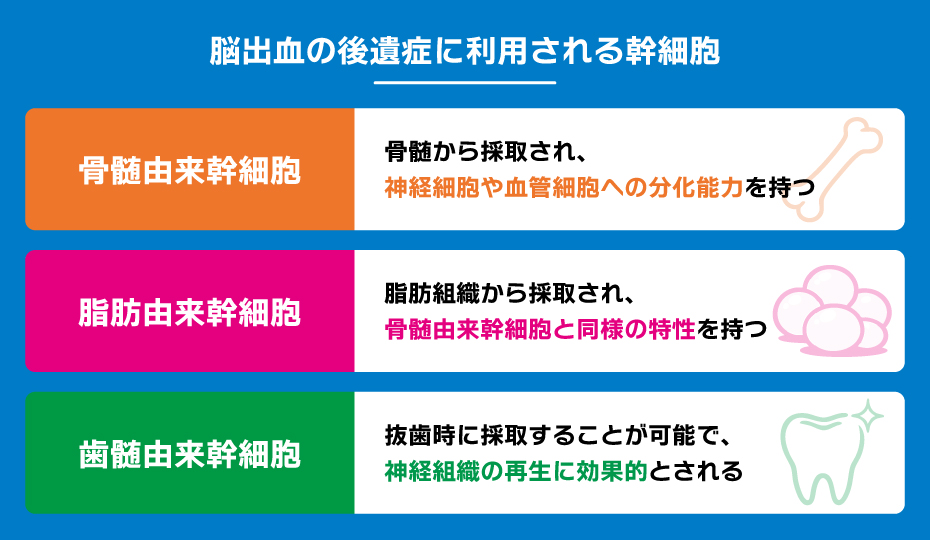 脳出血の後遺症に使用される幹細胞3種類の体系図