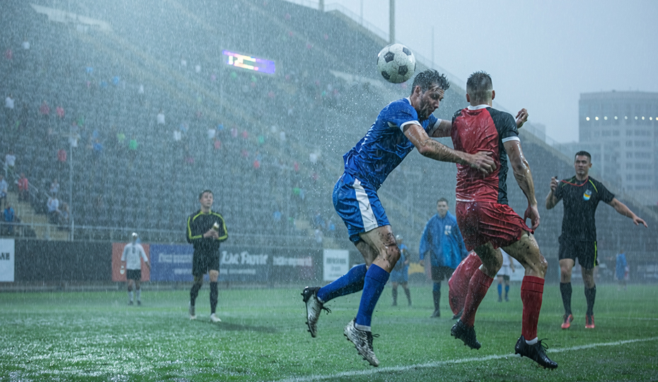 サッカー中にぶつかっている人たちの画像