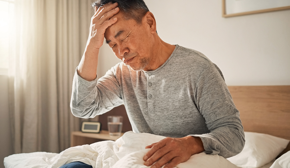 寝起きで頭痛に顔をゆがめる男性