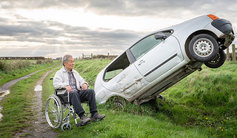 横転した車を見つめる車椅子の老人