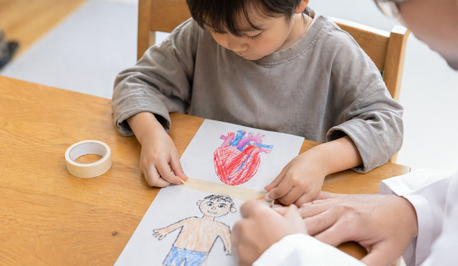 心臓の絵と体の絵をテープで貼り合わせる子どもと研究者