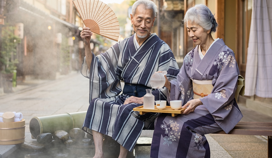 温泉街で水分補給をする浴衣の老夫婦