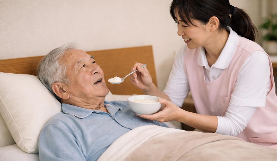 介助者から食事を与えられているベッド上の老人