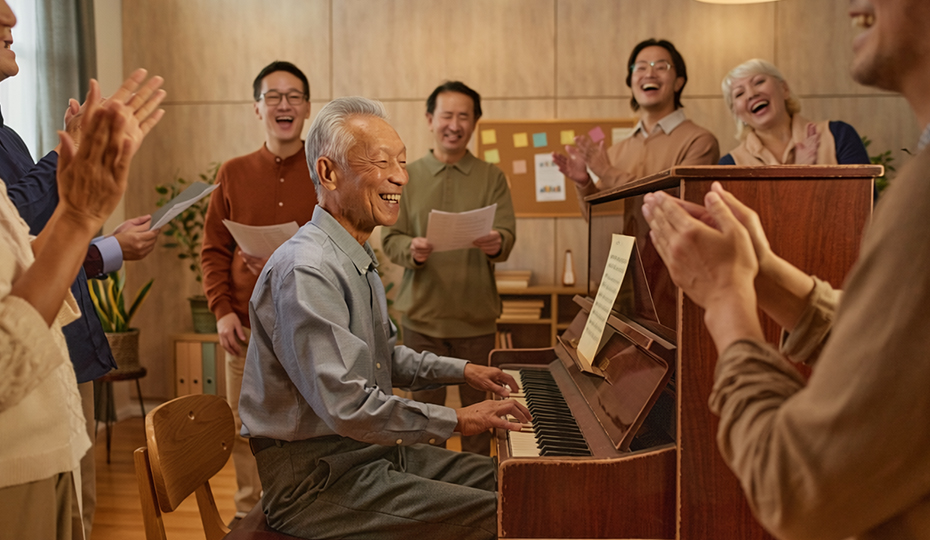 ピアノを弾く老人と歌う人々