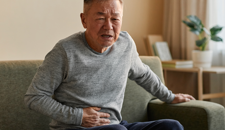 腹痛に顔をゆがめる老人