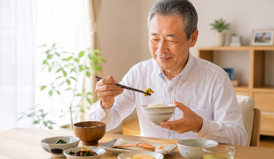 バランスの食事をする年配男性