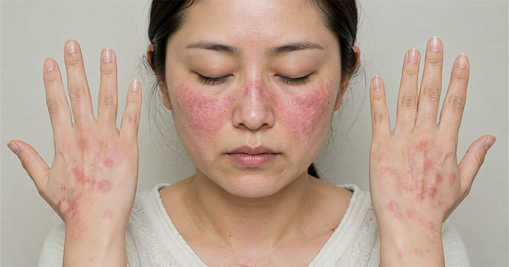 Woman with reddened, inflamed cheeks and hands showing a widespread dermatitis-like rash, raised with patches on face and palms.