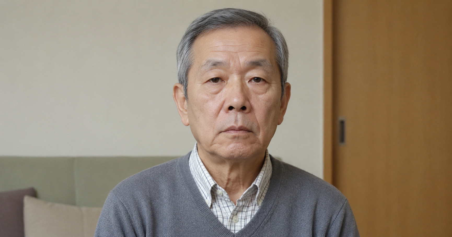 Portrait of an older East Asian man with gray hair, wearing a gray sweater over a checkered shirt, looking straight at the camera in a neutral room.