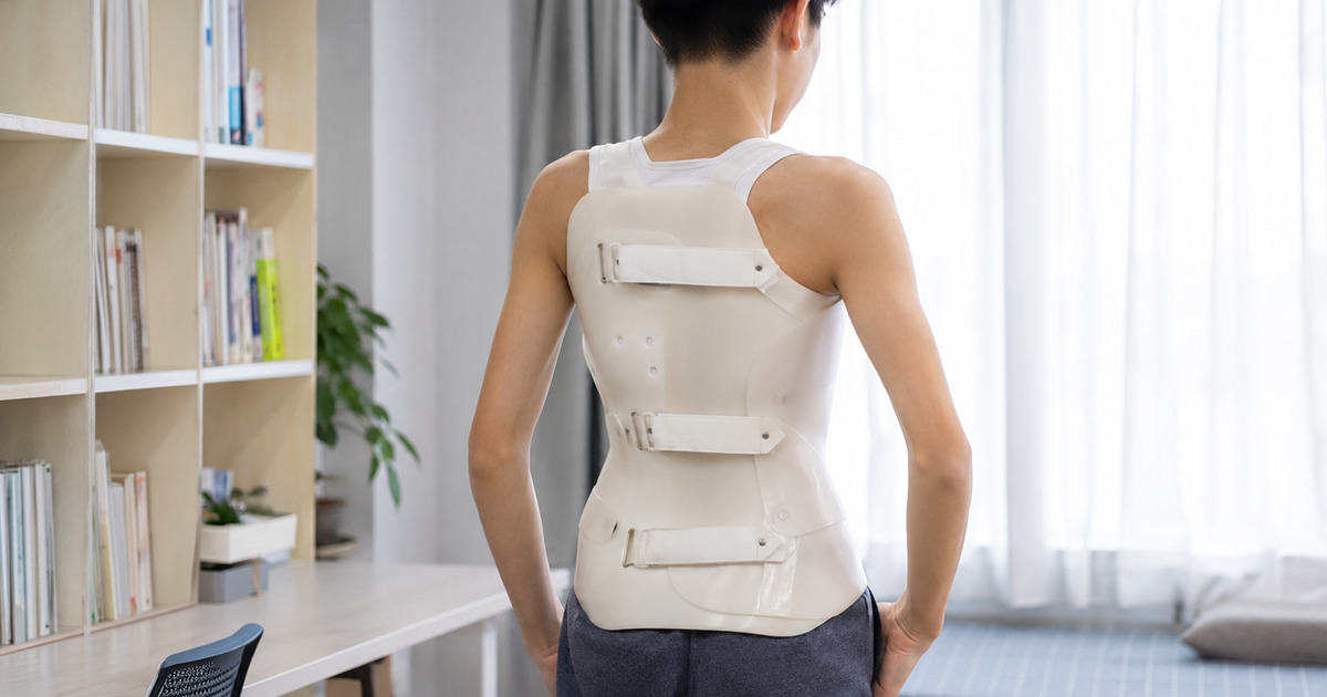 Person standing in a bright room wearing a beige back brace with three Velcro straps, viewed from behind for spine support information