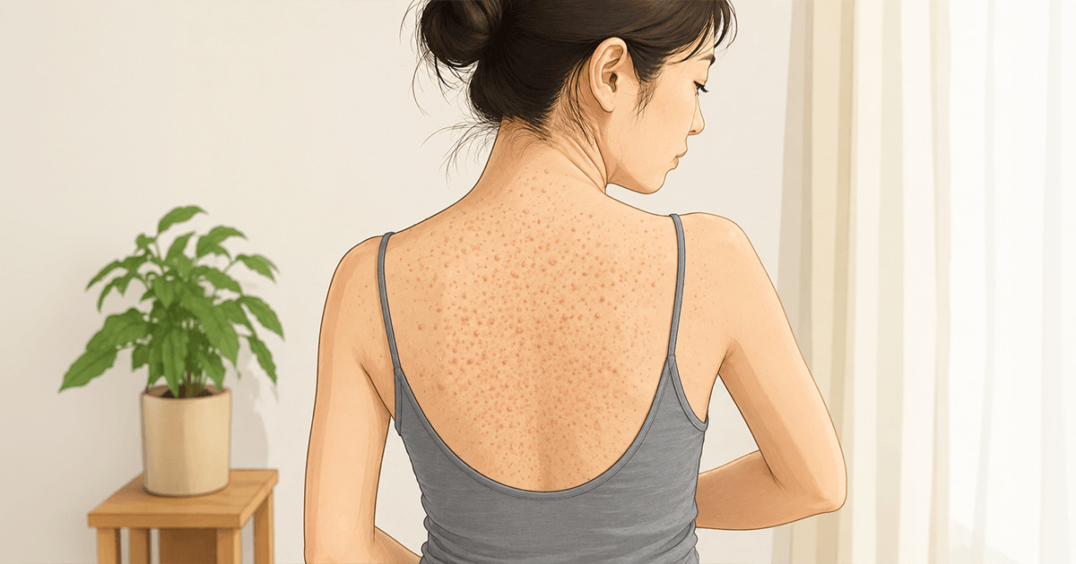Woman with her back to the camera, showing numerous small red freckles across her upper back.
