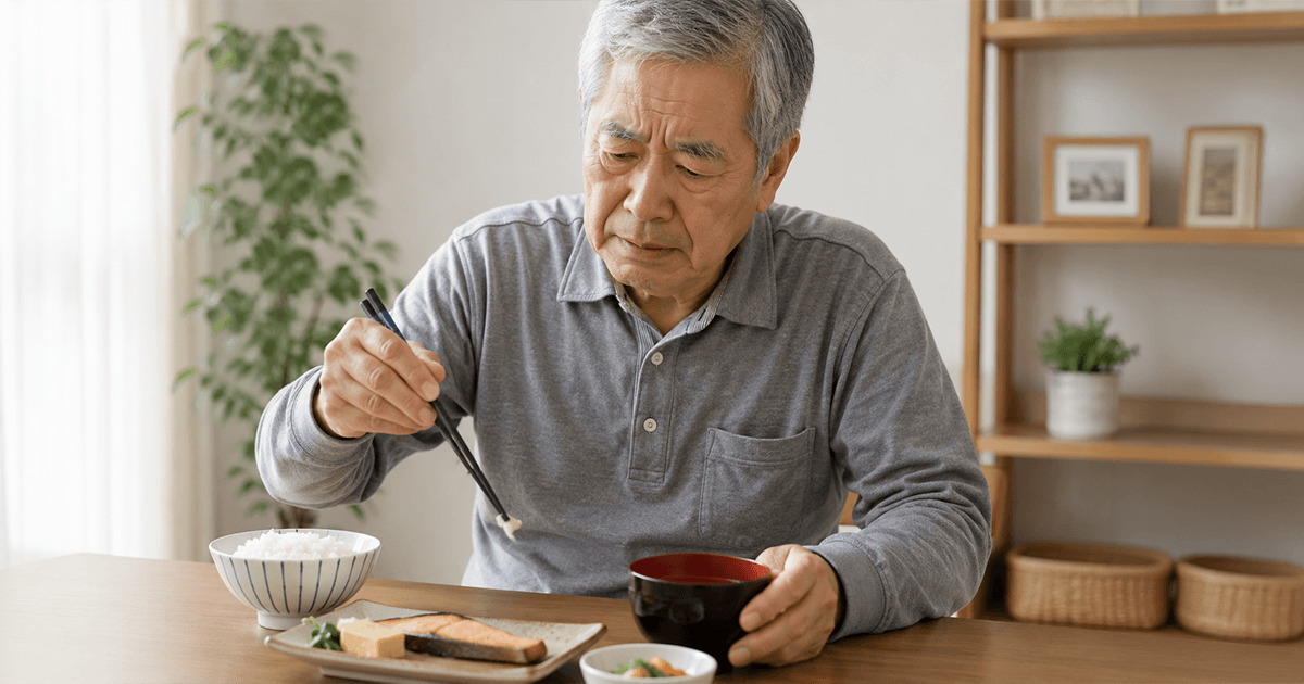うまく箸が使えない男性