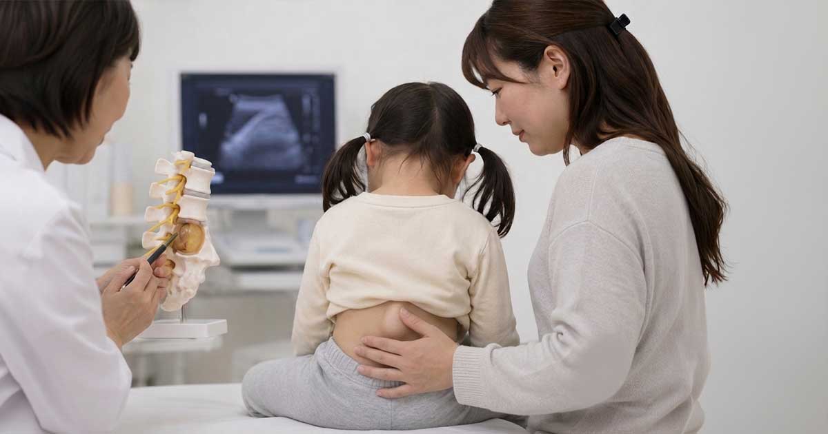 Pediatric doctor explains a spine model to a young girl while her mother sits beside them in a clinic.