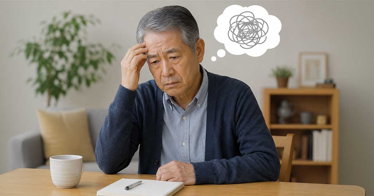 Older man at a table looks worried, stroking his temple with a tangled thought bubble above his head.